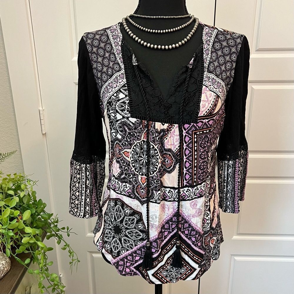 Cato Black Purple Colorful Mandala Lace Boho Peasant Blouse Sz‎ M Western Hippie